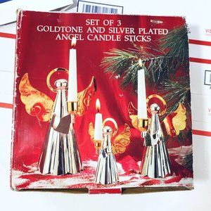 Vintage Silver & Gold Angel Brass Candle Holders 3-Piece Decorative Display